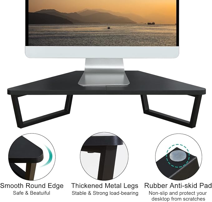 TEAMIX 26 inch Corner Monitor Stand Riser with Keyboard Storage, Black | Triangle Monitor Stand, Wood & Metal Computer Stand, Laptop Riser, Desktop Organizer, for L Shaped Desk, Home Office & Gaming