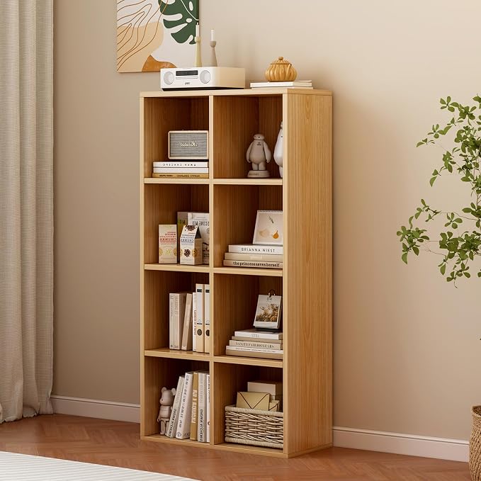 8-Cube Storage Shelf Bookcase, Oak | Wooden 4-Tier Open Bookshelf, Fits 11×11" Bins, Vertical or Horizontal Use, Full Back Panels, For Home Office