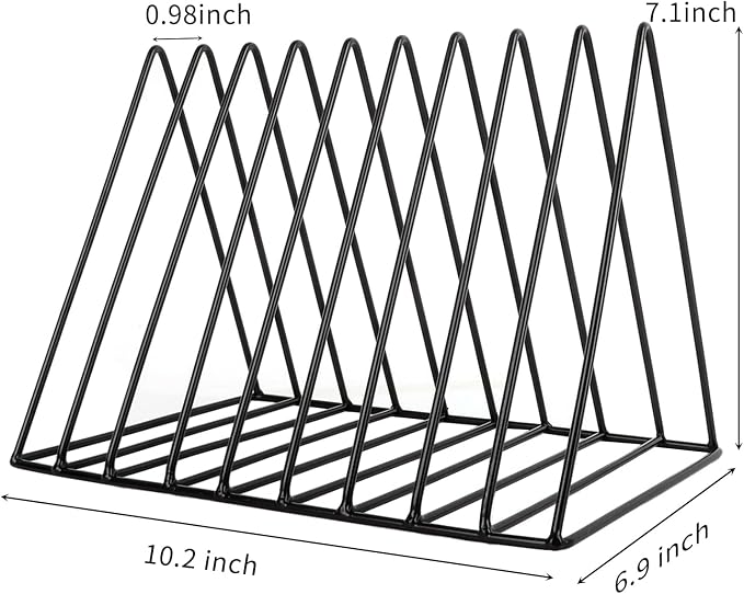 Vinyl Record Holder Storage, 9 Slot Metal Magazine Book Album Display Rack, Stylish Triangle Desktop File Sorter Organizer for Home Office, Black Pack of 3