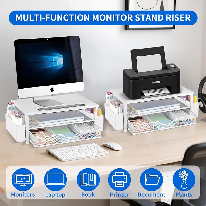 AUPSEN White Monitor Stand Riser, 2-Tier Wood Computer Desk Organizer with Drawer, Pen Storage & Phone Holder, Office Desk Accessories Desktop Organizer for Office Supplies (White)