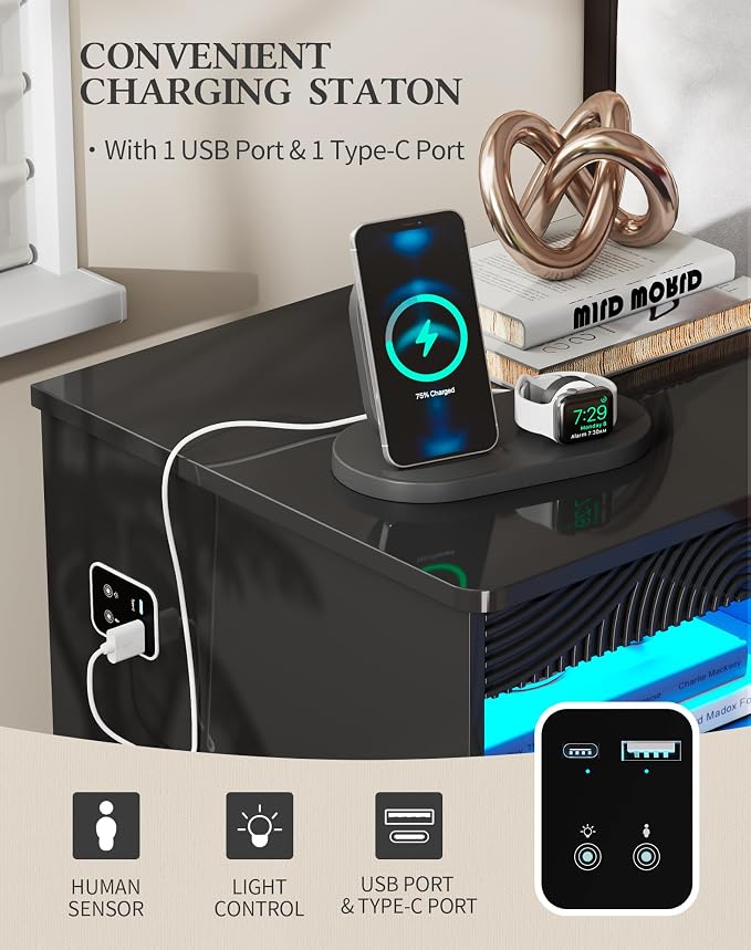 LED Nightstand Set 2 with Gun Drawer & Charging Station | 3-Color Lights & Human Body Sensor, Smart Charger Station, 2 DrawersHidden Storage, End Table Bedroom Livingroom