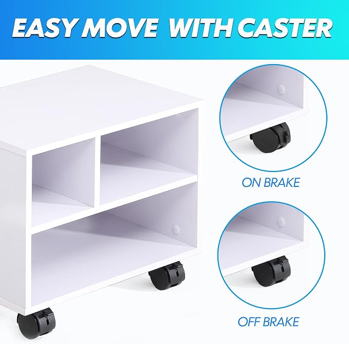 FITUEYES Printer Stand Under Desk, Small Wood Mobile Printer Table, White | Work Cart on Removable Casters, with 3 Storage Organizer Compartments for Home Office, 15.7 in. W x 11.8 in. D x 13.8 in. H