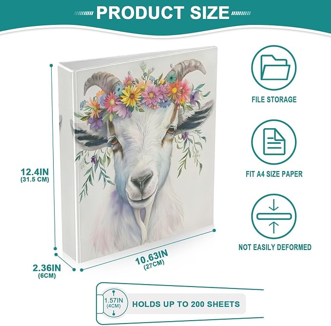 JIPONI 3 Ring Binder Watercolor Goat 1 Inch Round Binders for Men Women Students, Cute File Organizer for Office Home School
