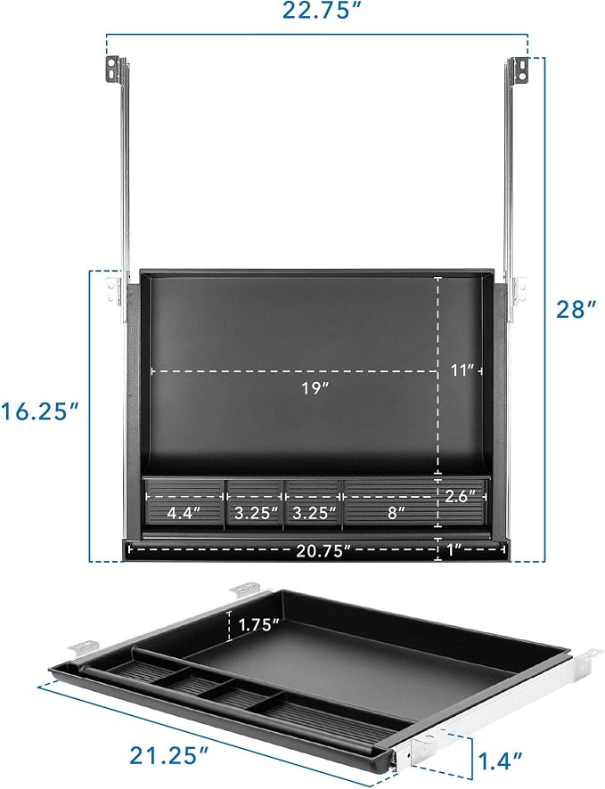 MOUNT-IT! Large Under Desk Pencil Drawer 16 inch Deep | 21.25” W, Ball Bearing Slide-Out Organizer for Office Supplies, Paper & Pencils | Fits Desks Over 1” Thick, Adjustable Extension 16.25”–28”