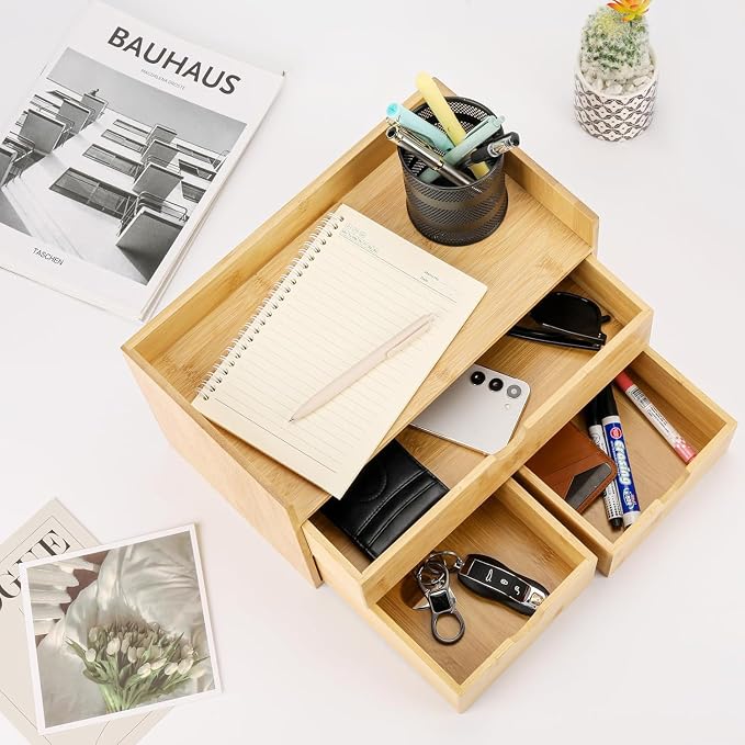 Charmewooden Bamboo Desk Organizer 3 Drawer with shelf, Countertop Organizer with Drawers Makeup Storage Drawer 3 Drawers Tabletop Storage Organization Box Home Office Workspace