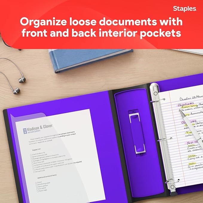 Staples Better 3-Inch D-Ring Binder, Purple, Heavy-Duty | Large-capacity 3-ring binder for school and office document storage.