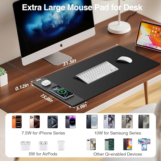Magnetic Wireless Charging Mouse Pad, 31.5"x15.8", with 20W Adapter, Black | Large Gaming Desk Mat for Keyboard/Laptop, Non-Slip Base, Waterproof Ultra-Smooth Surface Mousepad for Gamer, Office & Home