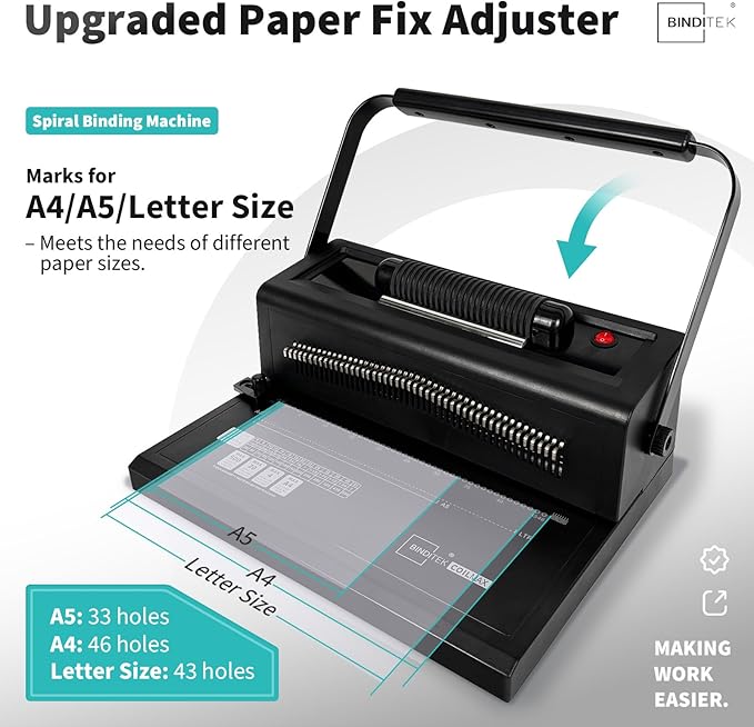 Binditek Spiral Binding Machine, 4:1 Pitch, 20-Sheet Punch, with Bonus Kit | 46 Disengageable Pins, Electric Coil Inserter, Adjustable Side Margin, with 100 8Mil PVC Covers, 100 5/16 in Coils and Pliers