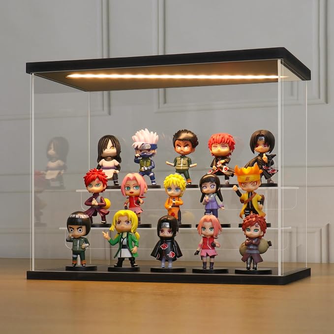 LANSCOERY Acrylic Display Case for Collectibles, 3-Tier LED Light, Black | 3mm clear acrylic panels with front door access and tri-color top light for small figures on a desk or shelf.