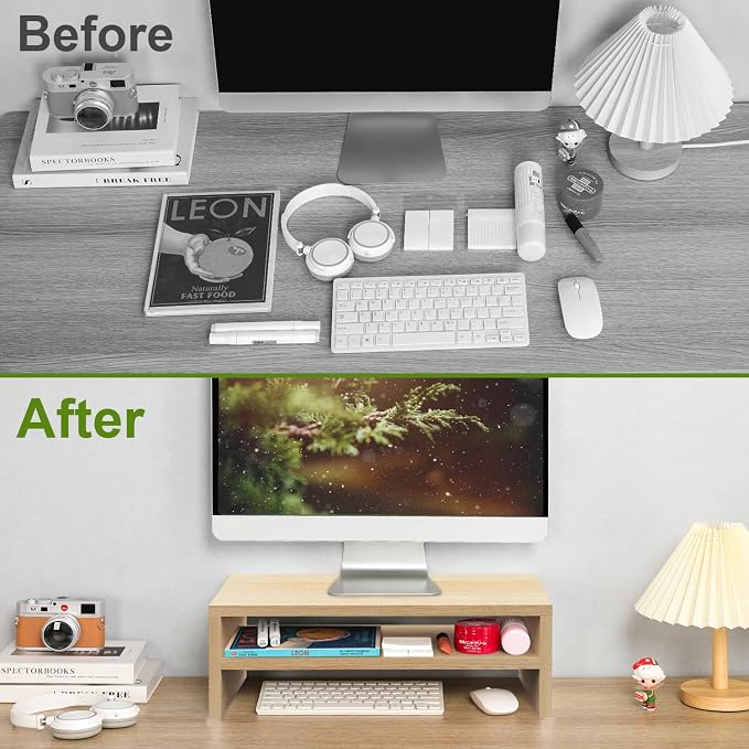 TEAMIX 20 inch Monitor Riser Stand - 2 Tiers, Wood Desktop Bookshelf, Maple | Laptop/PC/Printer/Keyboard Storage, Ergonomic Design, 15mm thick Sturdy Wood Boards, TV Stand, Home Office Desk Accessories