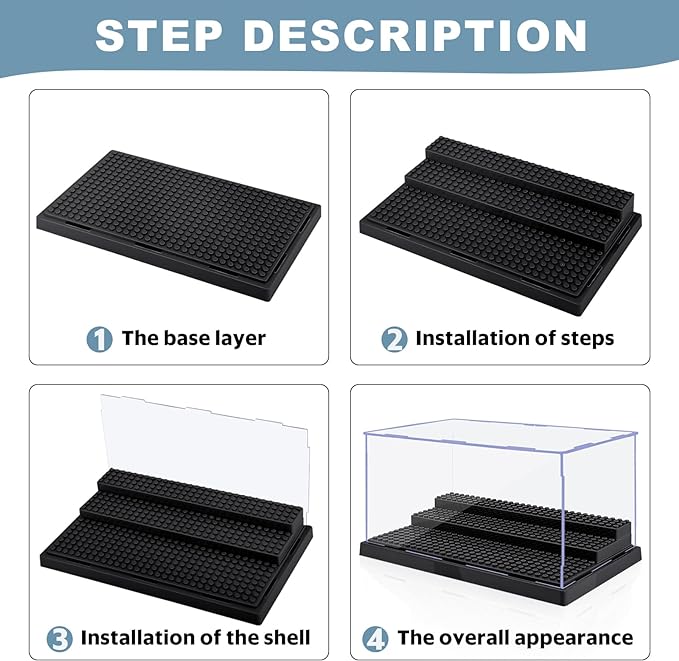 Pokiiulk Display Cases for Minifigures, 2 Mini-Figure Display Boxes Fits for Block Figures, Minifigures Cases with 3 Removable Stands Fits for 95% Minifigs, Characters, L, Black