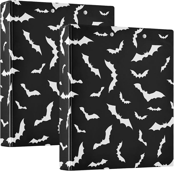 Halloween Bats Black Round Ring Binders 1.5 Inch 3 Ring Clipboard Binder for Office School Work Supplies File Folder Easy-Open 200 Sheet Capacity 2 Pieces