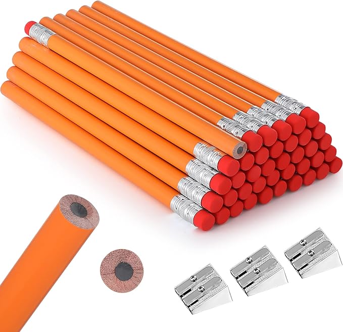 Fainne 48 Pcs Large Pencils 3 Sharpeners,Orange+silver,Round