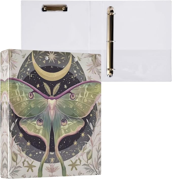 Luna Moths Green 3 Round Ring Binders | 1.5 Inch Binder with Clipboard, PVC Pockets, Work Organizer, Holds 200 Sheets for School Office 1 Pack