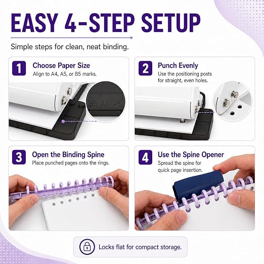 10 Hole Punch Binding Machine Kit for Planner (White) with 10 Multi-Color Spiral Coils, Adjustable A4 A5 B5 Paper Puncher, DIY Notebook Scrapbook Maker for Home Office School Organization