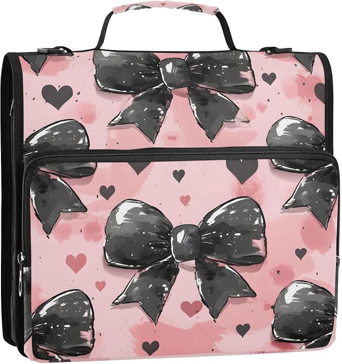 3 Ring Zipper Binder with Shoulder Strap Black Bow Heart Pink 2 Inch Zippered Binder Bag 500 Sheet Capacity Multi Pockets for School Supplies
