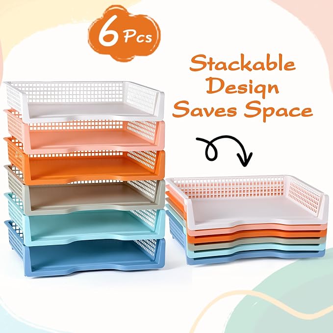 ZZYFGH 6 Pack in Trays for Teachers, Plastic Classroom Paper Organizers, Colorful Storage Baskets for Office, Stackable Office Desktop Document Paper Storage(13.4 * 9.5 * 2.7in)