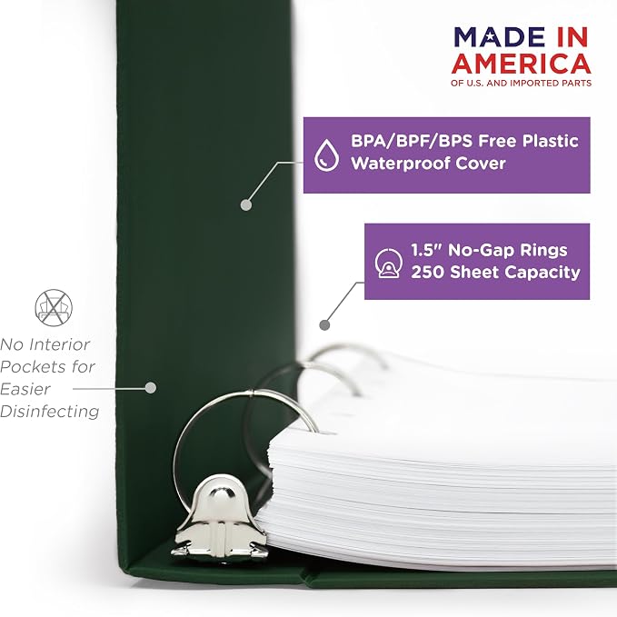Carstens 1.5-Inch Heavy Duty 3-Ring Binder - Side Opening, Forest Green, Durable Plastic, No-Gap Rings, Waterproof Cover No Pockets, Holds 250 Letter Sheets, BPA-Free, Made in USA (2041-3R) Case of 20