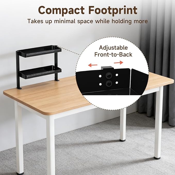 Clamp on Desk Shelf,17'' 2 Tier Office Desk Shelves Organizer with Under-Desk Hidden Storage Basket,Wood Desktop Supplies Storage Rack for Home Workspace, Study Rooms,Gaming Devices (Black)