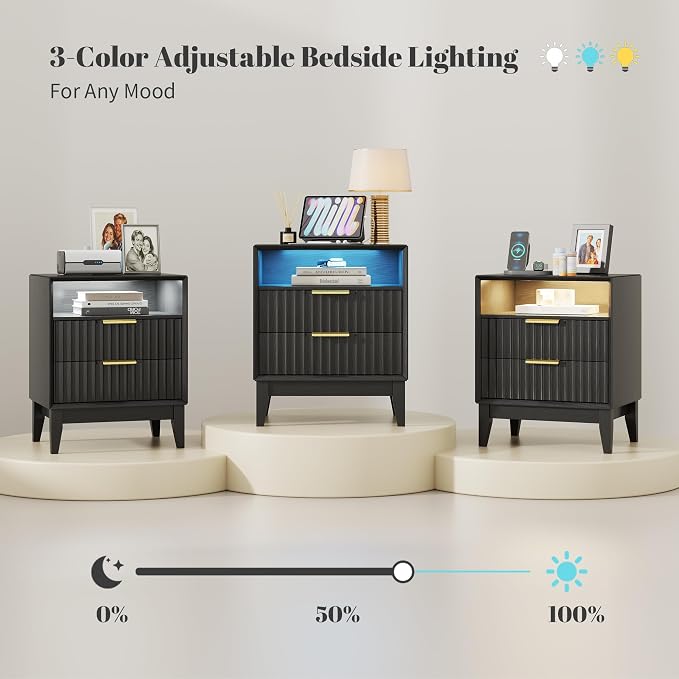 LED Nightstand Set of 2, RFID Lock, Charging Station, Black | Bedside Table with Hidden Drawer, 2 Drawers, Open Cubby, Motion Sensor, USB and Type-C Ports, Night Stand for Bedroom