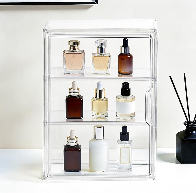 1 Pack ﻿3-Tier Clear Acrylic Display Case Wall-Mounted & Stackable Organizer with Magnetic Door, Dustproof Storage Cabinet for Collectibles Handmade Models (1, 10.6"(L) x 5.1"(W) x 14.2"(H))