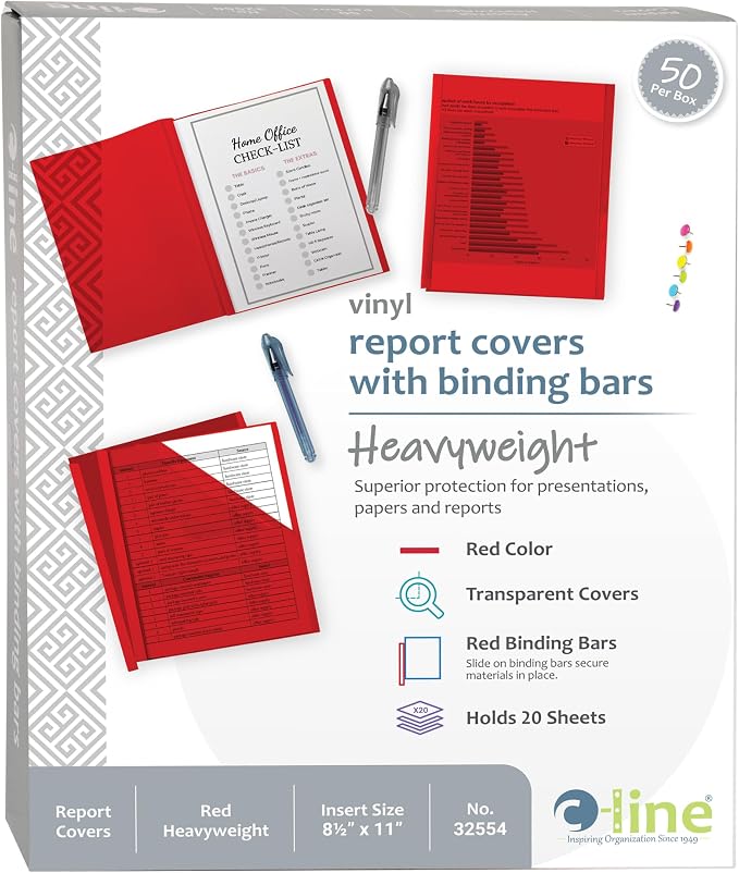 C-Line Report Covers with Binding Bars, Red Vinyl, Red Bars, 8.5 x 11 Inches, 50 per Box (32554)