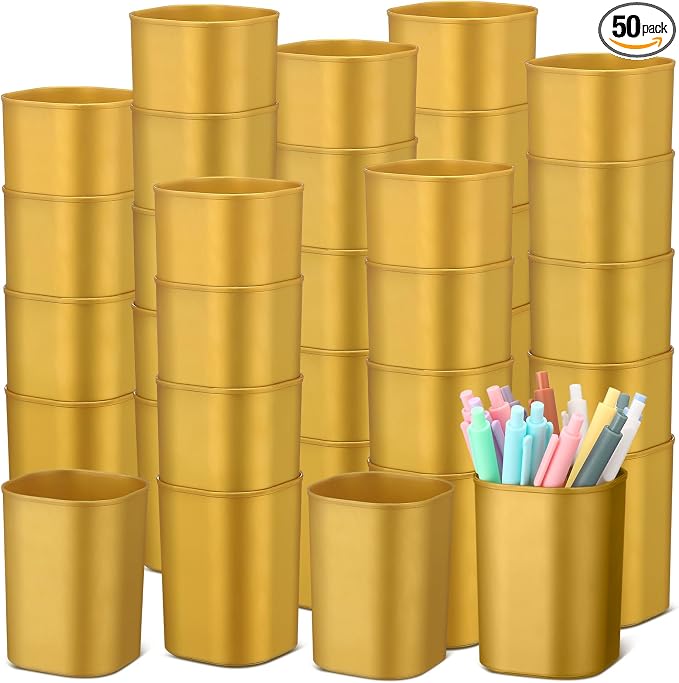 50 Pack Pen Holder Pen Cups for Desk Organizers and Storage Stationery Plastic Matte Pencil Holder Cups Ins Style Transparent for Office School Supplies (Gold)