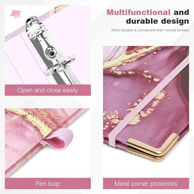 Ospelelf 3 Ring Binder, 1/2 Inch, Pink Marble, Letter Size (11" x 8.5"), 5 Tab Dividers, File Folder Labels, Low Profile Clipboards