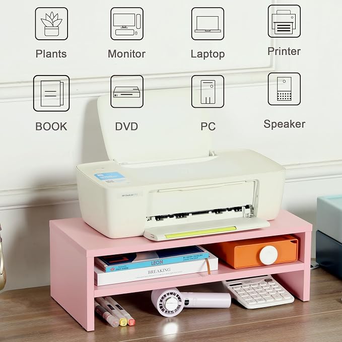 DS502P TEAMIX 20 inch Pink Monitor Riser Stand - 2 Tiers, Wood Desktop Bookshelf