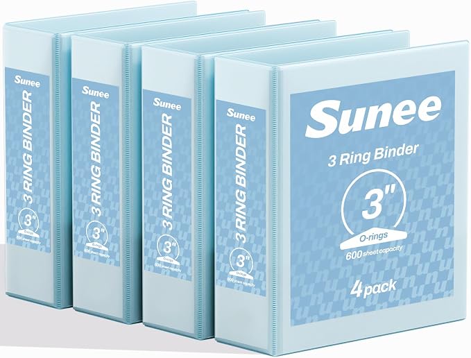 SUNEE 3 Ring Binder 3 Inch 4 Pack, 3" Clear View Binder Three Ring PVC-Free (Fit 8.5x11 Inches) for School or Office Supplies, Blue