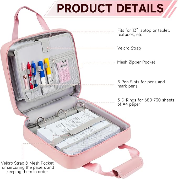 3 Ring Zipper Binder Bag, 3 Inch D-Ring 700 Sheet Capacity, Portable File Organizer with Removable Shoulder Strap & Multiple Pockets for School Office Travel Summer Study Back to School,Pink