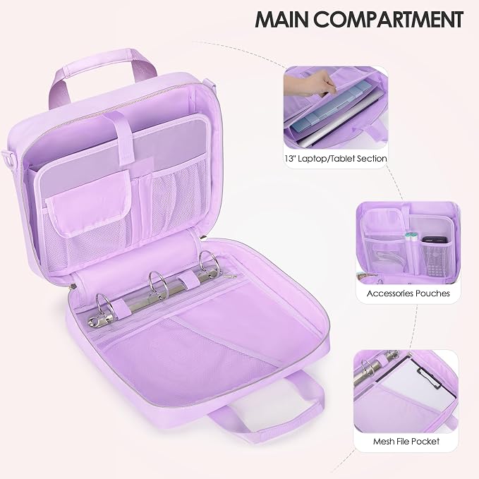 3 Ring Zipper Binder, 2 Inch Ring Binder Organizer Bag with Strap | Binder Bag Fits 13" Laptop & 500 Sheets, Detachable Shoulder Strap, Large Capacity Zip Up Portfolio Folder Bag for Office