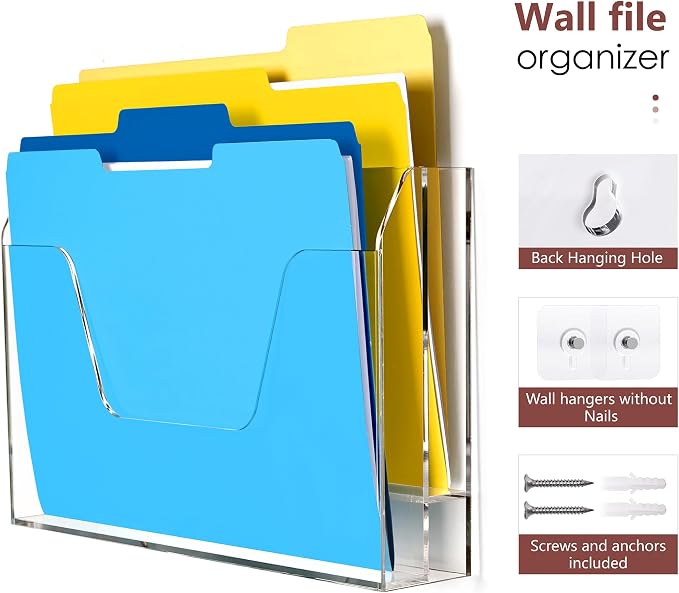 DINGHUO Wall Hanging File Organizer, Acrylic Mail Organizer wall mounted File Holder, Clear 2 Tier Folder Paper Document Magazine Rack for Desk Office School Home - 1 Pack