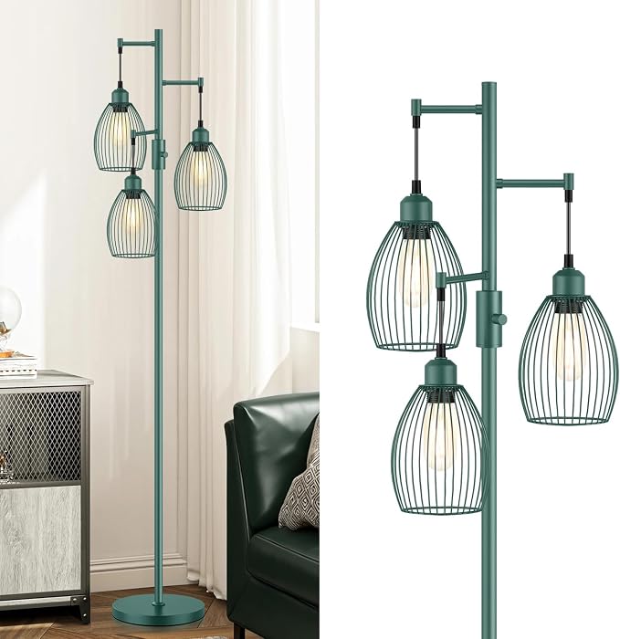 Dimmable Floor Lamp, Industrial Floor Lamps for Living Room, Green Tree Lamp Standing Lamp Tall Lamps with 3 Elegant Teardrop Cage Head & 800 Lumens LED Bulbs for Living room Bedroom Dining Room