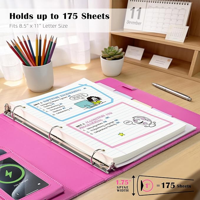 Ospelelf Glitter Leather Clipboard Binder 1 Inch, Magnetic Clipboard Folio Organizer with 5 Pocket Dividers & Zipper Pouch, Cute 3 Ring Document Organizer Binder for Office, Glitter Pink