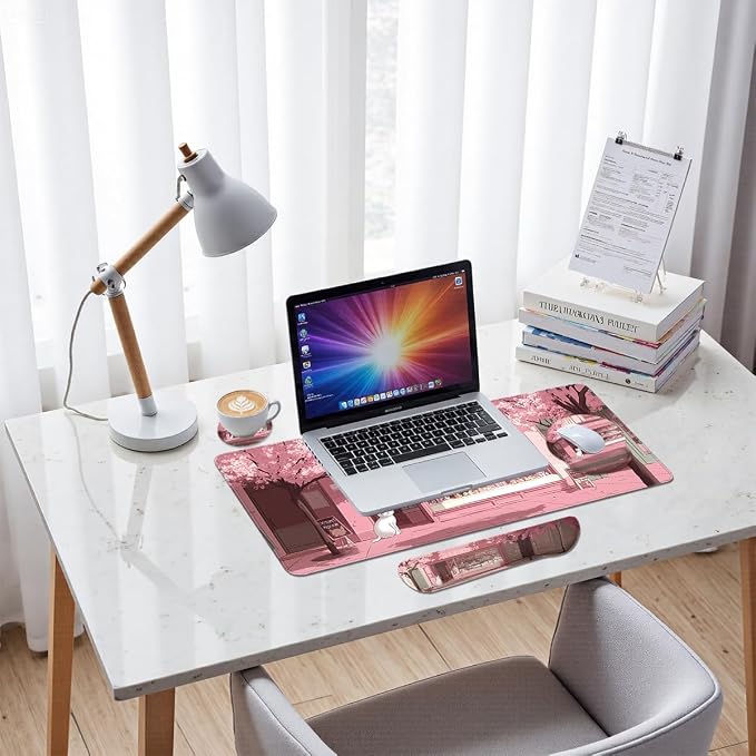 Cherry Blossom Mouse Pad Set Cute Cat Japanese Dessert Shop Street Gaming Mousepad 4in1 Desk Mat for Desktop Anti-Slip XXL Big Computer Ergonomic Mousepad with Wrist Support for Keyboard and Mouse