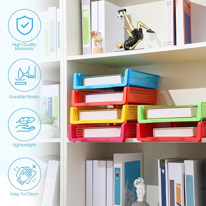 Weysat 6 Pcs Turn in Trays Classroom, Stackable Paper Tray for Classroom Organization Plastic Desk File Organizer Bin Basket for Library Drawer Teacher Office Document Storage (Rainbow,Narrow)