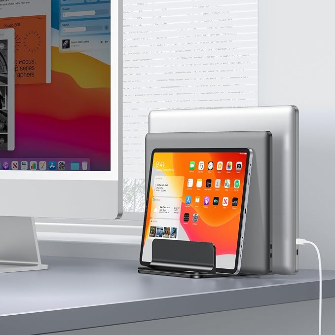 OMOTON 3-Slot Multiple Vertical Laptop Stand, Fits All MacBook, Black | Adjustable Width 0-1.38", Aluminum Office Space-Saving for Desk, Fits MacBook/Book/iPad Up to 17.3in