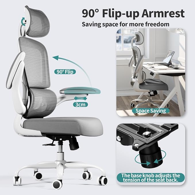 TRALT Office Chair Ergonomic Desk Chair - Gaming Chair with Lumbar Support | 330 LBS Home Office Desk Chairs with Headrest, Reading Chair with Flip-up Armrests, Comfortable Computer Chairs (1, Grey)