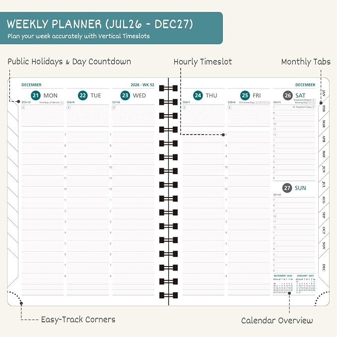 BEZEND Planner 2026-2027 Weekly and Monthly, Hourly Timeslot (8.5"x11")