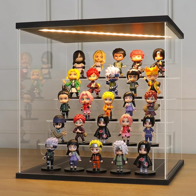 LANSCOERY Acrylic Display Case for Collectibles, 5-Tier LED Light, Black | 3mm clear acrylic panels with front door access and tri-color top light for small figures on a desk or shelf.