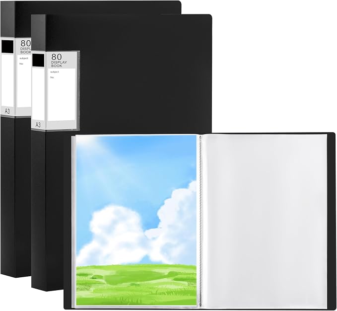 2 Pcs Art Portfolio Folder A3, Diamond Art Storage Book, 80 Pockets | PP Material Clear Sleeves Project Folder, Portfolio Organizer for Documents, Artwork, Office & School Supplies (Black)