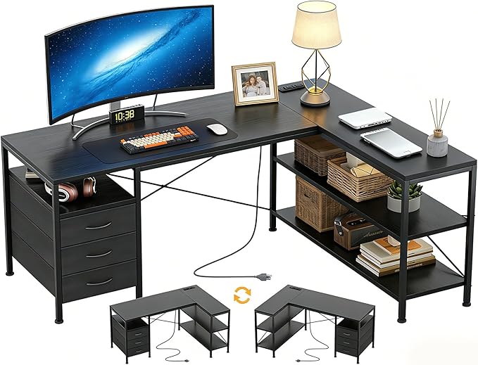 Alpen L Shaped Desk, Black Desk for Bedroom, Gaming Table with Power Outlets, 3 Drawers and Shelves, Large Corner Desk for Gaming, Study Writing PC Table for Work, 55 Inch