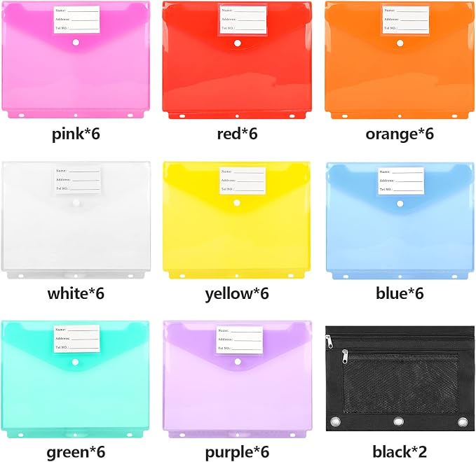 48+2PCS Multi-Color A4 3 Ring Binder Pocket Folders with Pockets, Bulk Zipper Pouch, 3 Ring Folder for Binder Organizer with Label, Letter Size Plastic Envelopes with Snap Closure