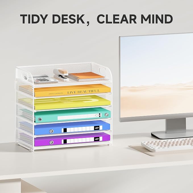 Cawukege 6 Tier Paper Organizer with Handle, Metal Desk Organizer Mesh Paper Letter Tray Desktop File Folder Document Sorter for Classroom, School, Office Accessories Storage (1, 6 Tier - White)