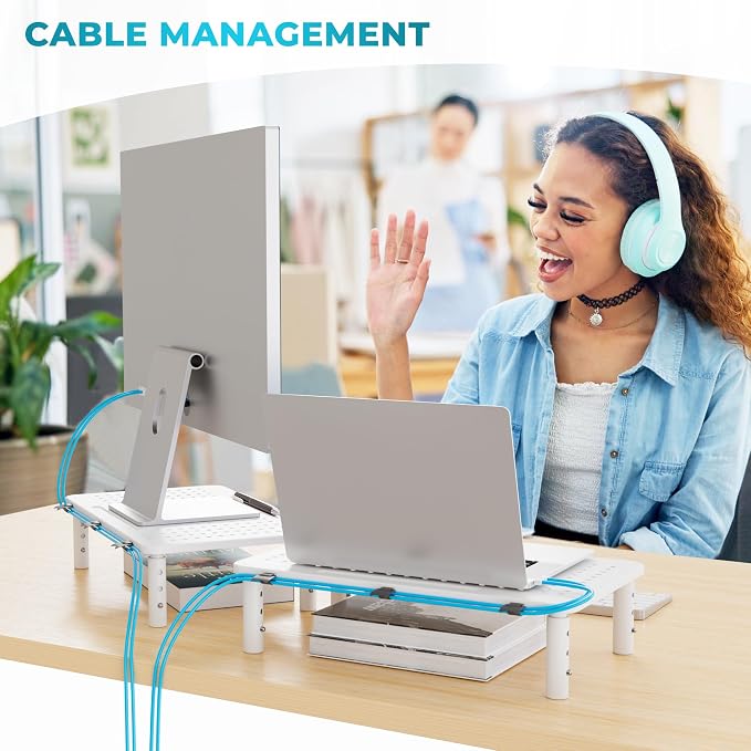 BONTEC Monitor Stand for Desk 2 Pack, 3-Level Height Adjustable, White | 14.5 x 9.1 in Ergonomic Metal Computer Stand with Pen Holder & Cable Management for Printer, Laptop and Office Workstation