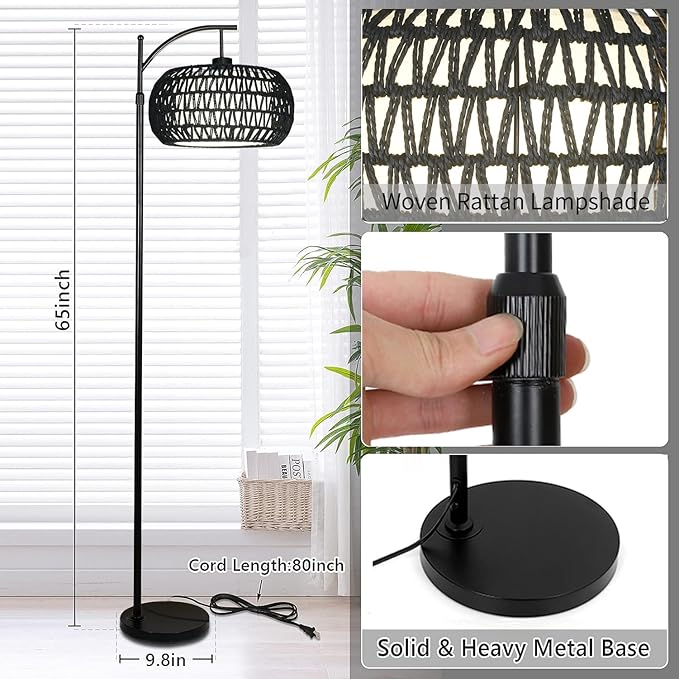 ZECOXOL Arc Floor Lamp with 3 Color Temperatures,Black Floor Lamp with Remote Control, Boho Standing Lamp with Rattan Wicker Shades, Farmhouse Tall Pole Lamp for Living Room Bedroom