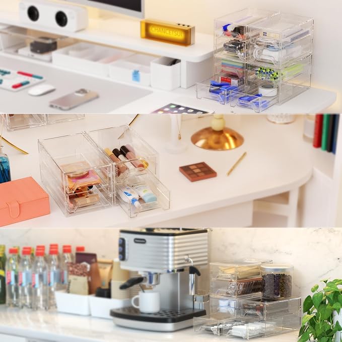 Acrylic Stackable Drawer Storage Organizer: Slim Desk Mini Drawers | transparent Plastic deep desktop makeup clear compartment holder countertop