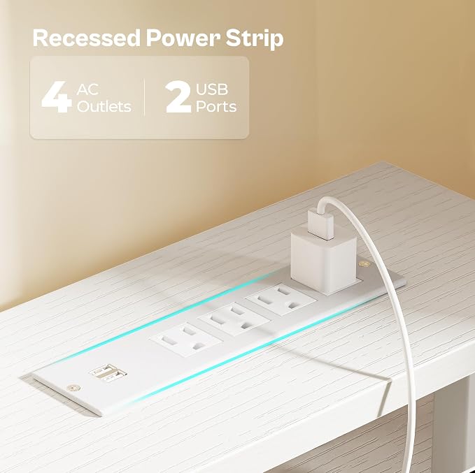 Huuger 55 inch Computer Desk with Power Outlets & 4 Drawers | Gaming Desk with LED Lights, Home Office Desk with Large Storage Space for Bedroom, Work from Home, White