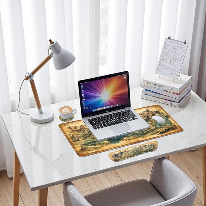 Fantasy Map Mouse Pad Set Vintage Medieval Dragon Castle World Gaming Mousepad 4in1 Desk Mat for Desktop Anti-Slip XXL Big Computer Ergonomic Mousepad with Wrist Support for Keyboard and Mouse